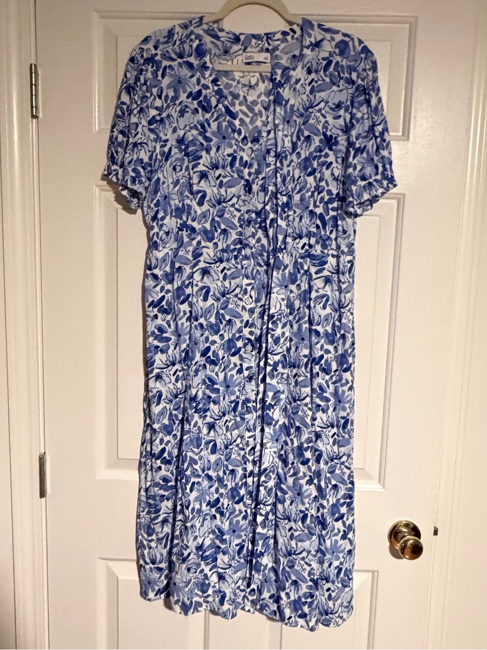 Blue Floral Short Sleeve Midi Dress With Waist Tie